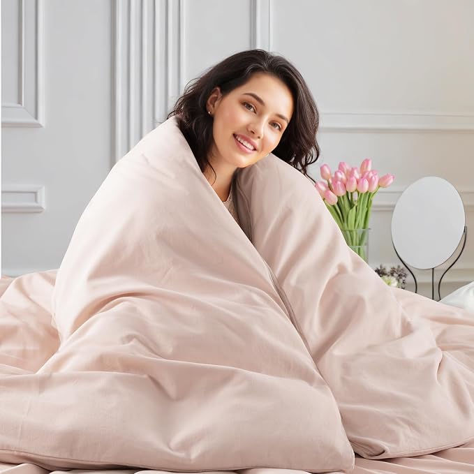 NEXHOME PRO Duvet Cover Set 100% Washed Cotton Full Size Linen Feel Textured Organic Natural 3 Pieces Bedding Set Greyish Light Pink with Zipper Closure and Corner Ties, Breathable(No Comforter)