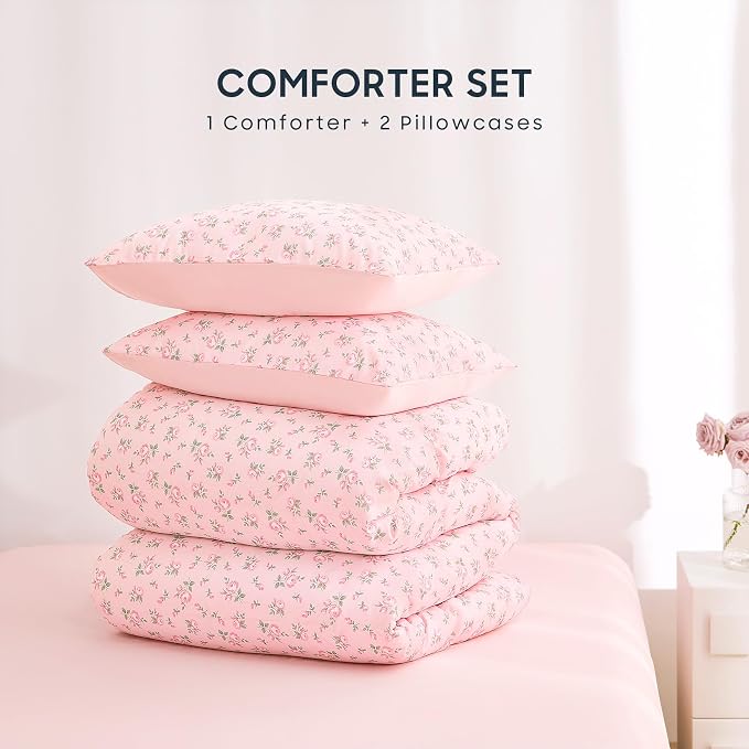 Wake In Cloud - Floral Comforter Set, Coquette Cottagecore Aesthetic Flower Shabby Chic Pattern for Women Teen Girls, Soft Lightweight Bedding, 3 Pieces, Blush Pink, Queen Size