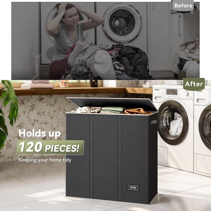 SOLEDI 160L Laundry Hamper 3 Section, Extra Large Laundry Hamper with Lid, Dirty Clothes Hamper with Sturdy Handle, Large Laundry Basket Organizer for Laundry Room, Bedroom, Hampers for Laundry