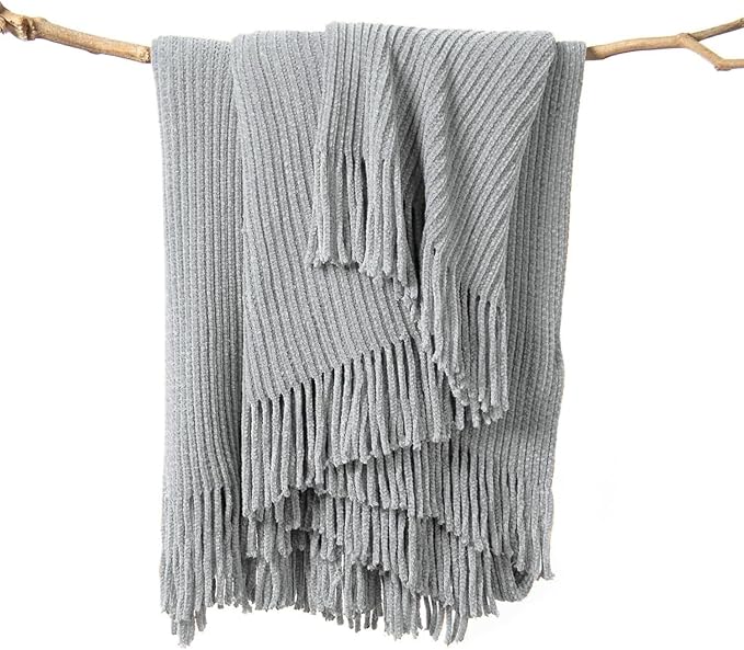 lifein Throw Blanket for Couch, Soft Boho Decor Bed Throw,Cozy Grey Knitted Chenille Small Farmhouse Lightweight Throw (Light Grey,60 * 80")