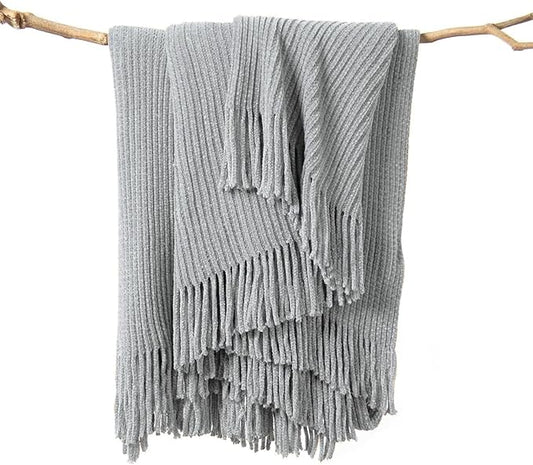 lifein Throw Blanket for Couch, Soft Boho Decor Bed Throw,Cozy Grey Knitted Chenille Small Farmhouse Lightweight Throw (Light Grey,60 * 80")