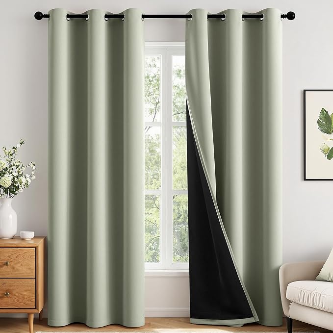 MIULEE Sage Green 100% Blackout Curtains for Bedroom 40x72 Inch 2 Panels | 2 Thick Layers Thermal Insulated Short Curtains with Black Liner, Noise Reducing Grommet, Drapes for Living Room