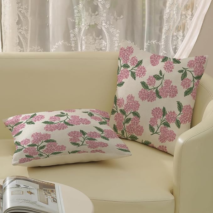 Preppy Pink Spring Pillow Covers 16x16 Inch 2 Pcs Green Hydrangea Flower Decor Throw Pillows Vintage Floral Seasonal Summer Outdoor Decoration Pillowcase Linen Cushion Cover for Couch Sofa