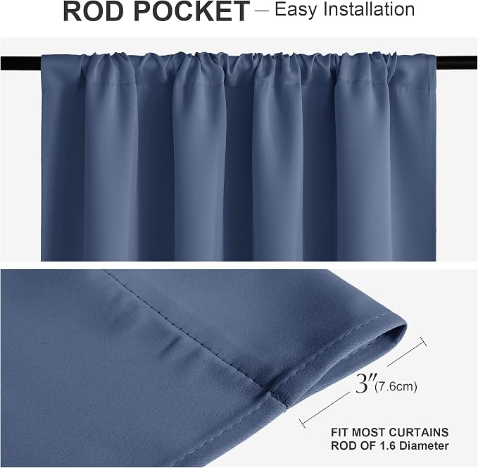 PONY DANCE Short Black Out Curtains 48 inch Long for Small Window, Rod Pocket Privacy Bathroom Draperies,Thermal Insulated Lighting Blocking Drapes for RV(2 Panels Set,Stone Blue, W42 x L48 inches)