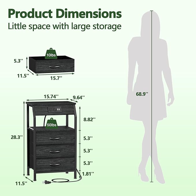 Furnulem Night Stand with Charging Station, 3 Drawers Bedside Table, Black | 28.3 Inch Tall Dorm Nightstand for Bedroom, Small Storage End Table with Outlets, 3 Fabric Storage Drawers, 3 Ways to Use