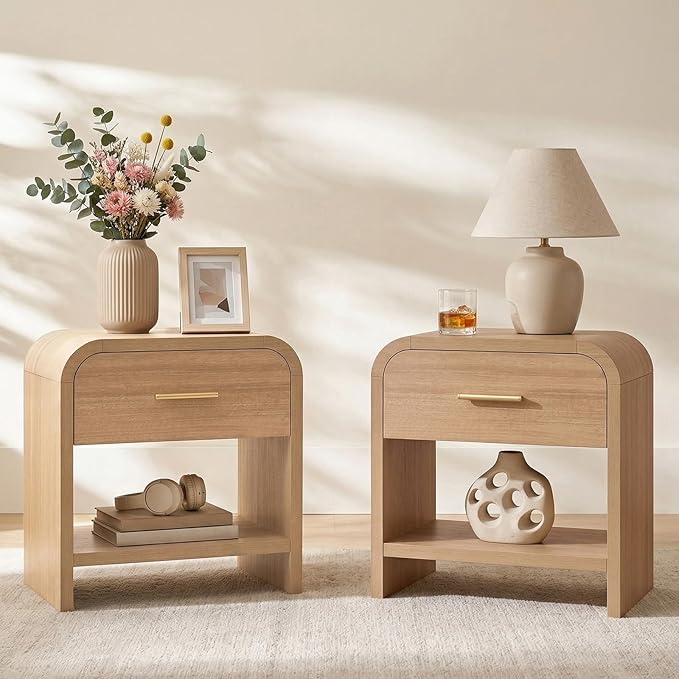 Night Stand Set of 2 [Unique Curved Profile] [FSC-Certified Wooden Board] 1-Drawer and 1 Storage Shelf Nightstand 24" H Metal Handle Modern Bedside Table Side Table End Table for Bedroom | [Curved Profile] [FSC-Certified Wooden Board] Nightstand 24" H ...