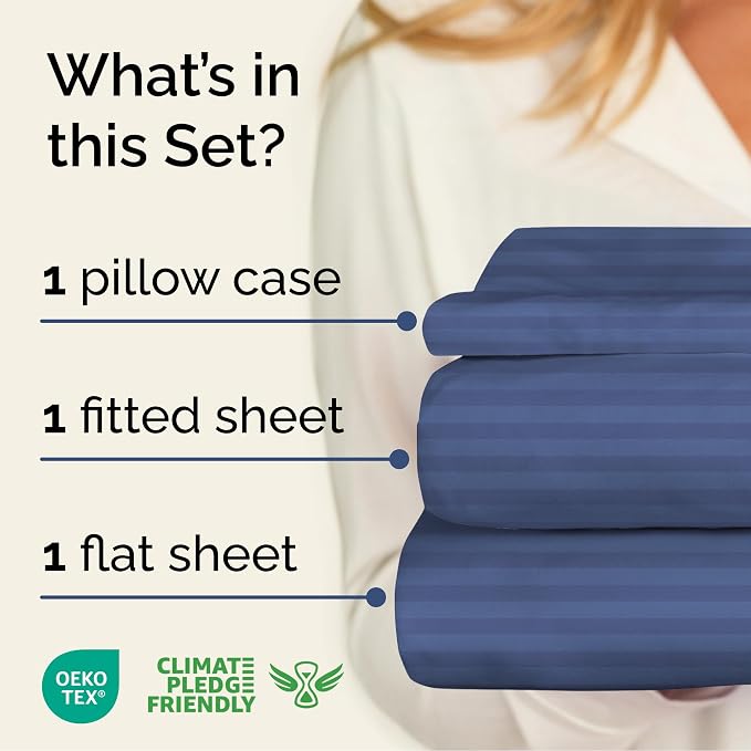 Twin 3 Piece Striped Sheet Set - Soft, Breathable & Cooling - Blue Stripes | 1 Flat, 1 Fitted & 1 Pillowcase w/ Deep Pockets, Luxury Striped Bedding, Soft, Breathable & Cooling, Wrinkle & Fade Free