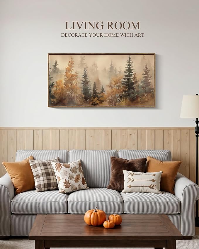 InSimSea Extra Large Framed Fall Wall Art, Forests Trees Landscape, 20x40in | Living Room Country Farmhouse Decor, Vintage Canvas Prints, Retro Long Pictures for Bedroom Above of Bed