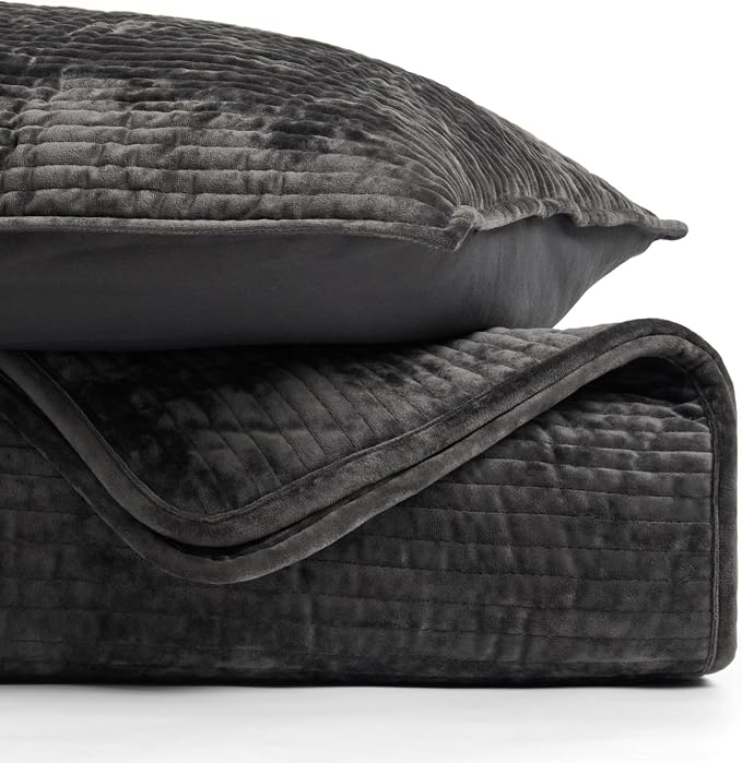 EverGrace Striped Channel Velvet Quilt Set, King Size, Washed Black | Luxurious Soft Lightweight Velvet Comforter, Oversized Bedspread Coverlet, Quilted Bedding Set for All Season, with 2 Shams