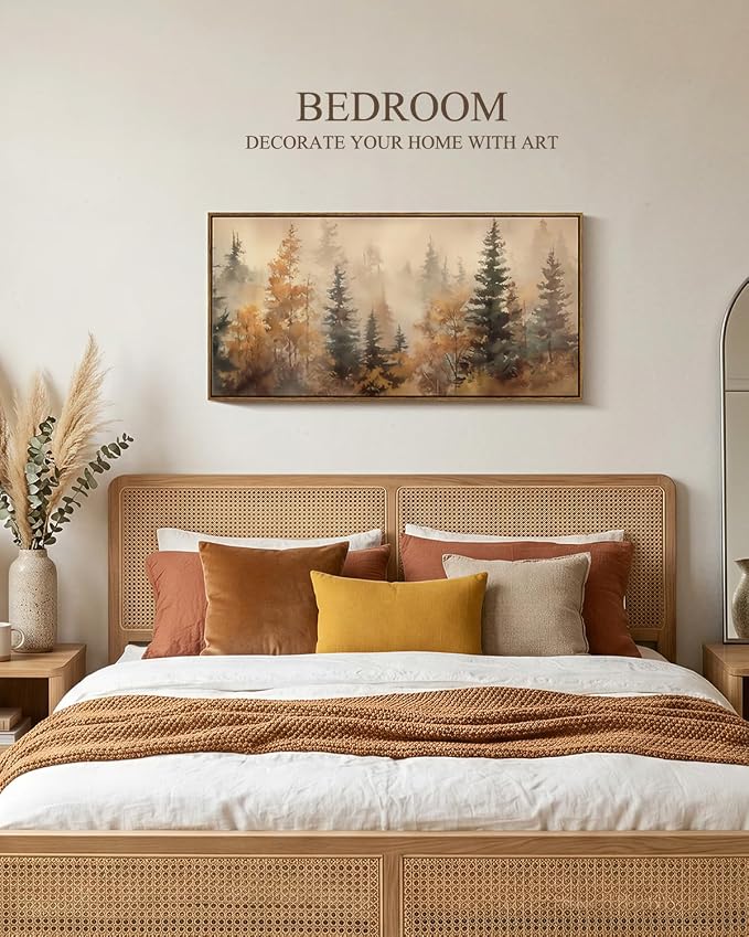 InSimSea Extra Large Framed Fall Wall Art, Forests Trees Landscape, 20x40in | Living Room Country Farmhouse Decor, Vintage Canvas Prints, Retro Long Pictures for Bedroom Above of Bed