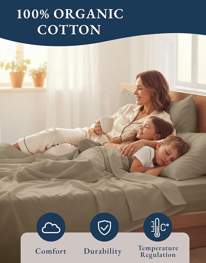 LANE LINEN Eco Friendly 100% Organic Cotton Sheets Queen Size, Naturally Cooling Percale Weave, Soft & Comfy Long Staple Mercerized Machine Wash Low Pill Fade Resistant Bed Sheets Queen Taupe