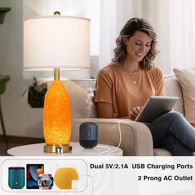 Rinweey 26" Modern Orange Glass Table Lamp Set of 2,Bedside Lamps with USB A+C Ports & AC Outlet, Nightstand Lamp with 3-Way Dimmable Touch Control Night Light for Bedroom Living Room(Bulbs Included)