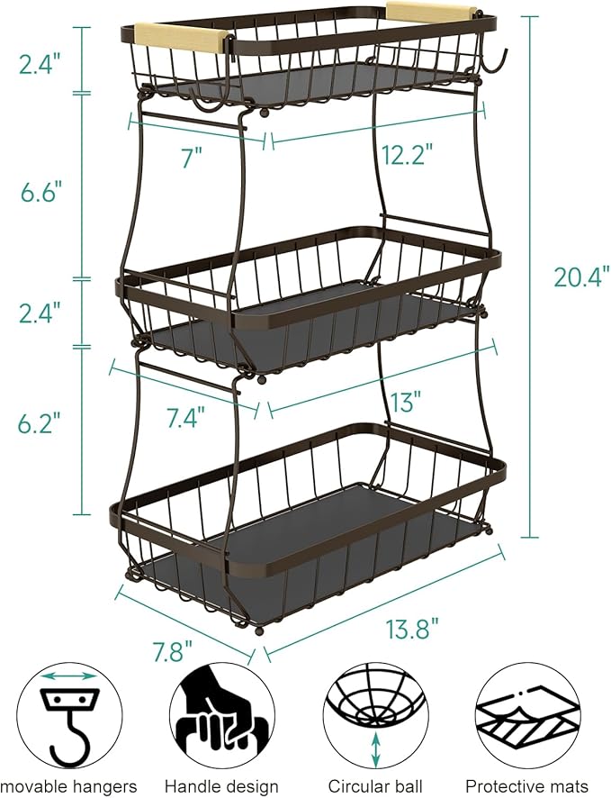 Sevenblue 3-Tier Fruit Basket with Banana Hangers, Detachable Metal Bowl | Wooden handle, protective mats included. Versatile holder for bread, snacks, and veggies. Large 3 tier metal design.