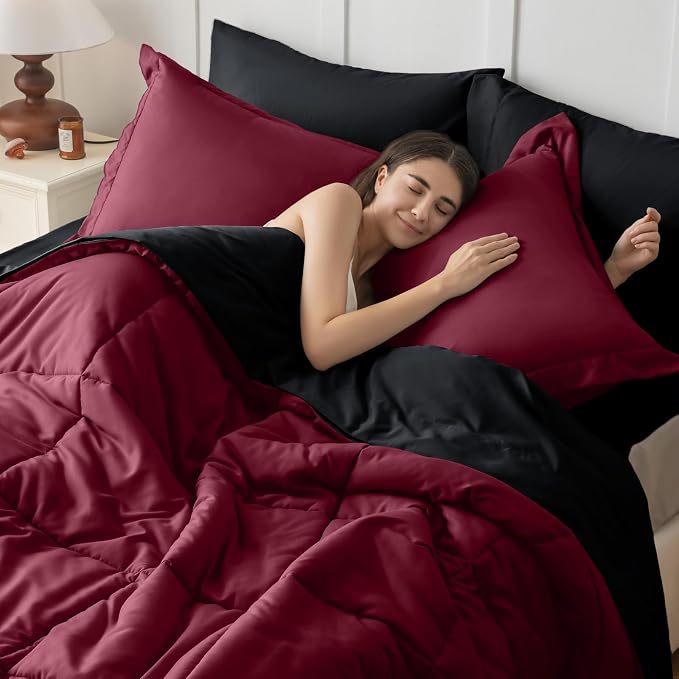 JOLLYVOGUE Twin Comforter Set, Ultra-Soft Bed in a Bag Twin Size 5 Pieces, Oeko-TEX Certified Bedding Set with Down Alternative Comforter, Sheets, Pillowcases & Shams, Burgundy & Black