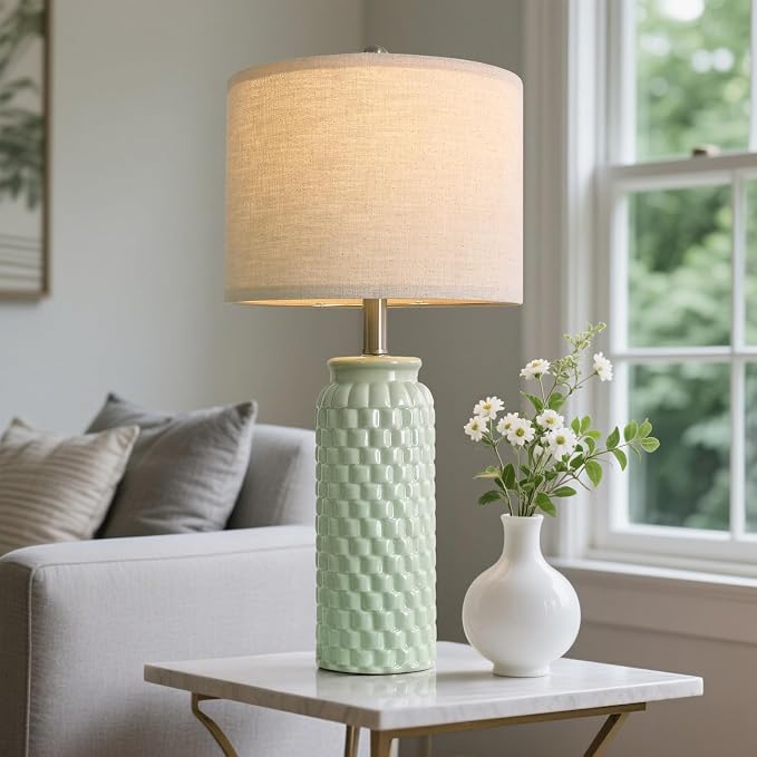 USumkky 24" Modern Ceramic Green Bedside Lamp Set of 2 Table Lamp for Bedroom Decor Farmhouse Table Lamp for Living Room Office Dorm