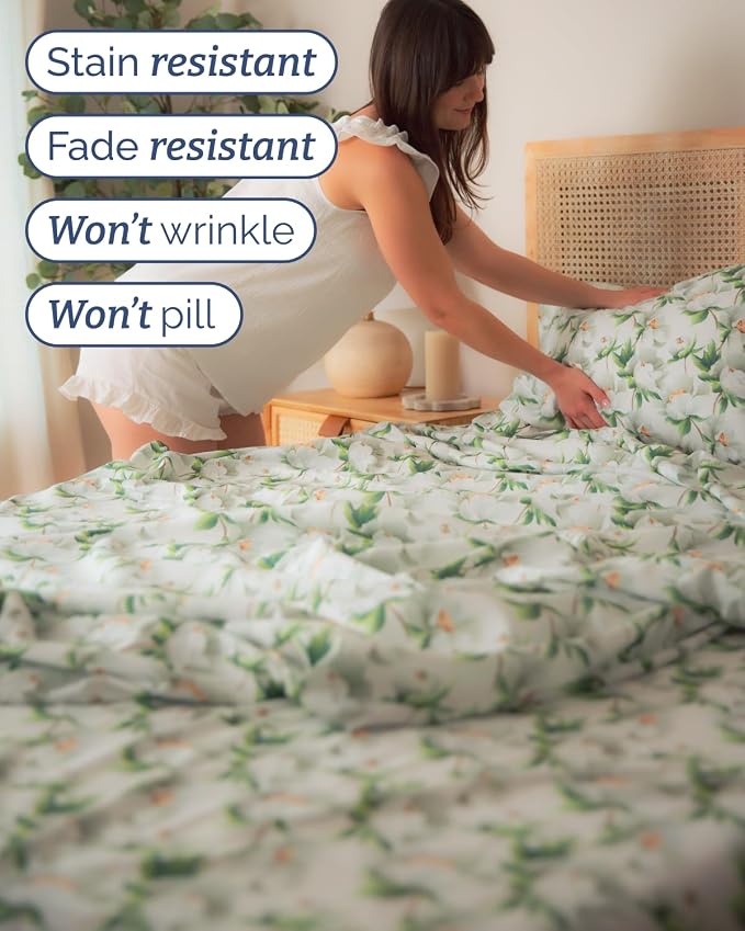 Twin 3 Piece Floral Sheet Set - Breathable & Cooling - White Peony Bloom | 1 Flat, 1 Fitted & 1 Pillowcase w/ Deep Pockets, Boho Botanical Floral Bedding, Breathable & Cooling, Wrinkle & Fade Free