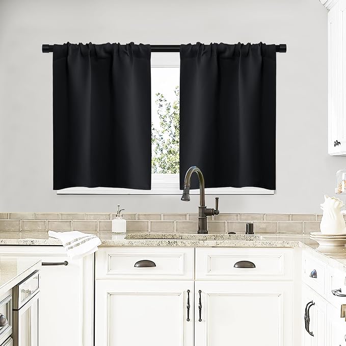 NICETOWN Black Blackout Curtains for Kitchen 29" Wide x 20" Long 2 Panels | Energy Smart Decoration Thermal Insulating Drapes Draperies for RV Bunk Cafe Small Window, Light Blocking Home Decoration