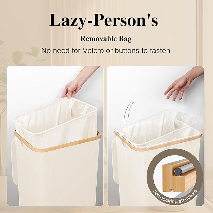 Foluck Large Laundry Hamper, 100L Waterproof Laundry Basket with Lid and Removable Bag, Collapsible Tall Clothes Hamper with Bamboo Handles for Clothes Toys in Dorm Bedroom Bathroom, Beige, ZYL101-W