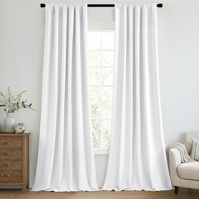 MIULEE 100% Blackout Back Tab Pleat Linen Curtains 50" Wx96 L,Bright White | 2 Panels,Thick Faux Linen,Textured Drapes,with Hooks,for Bedroom Living Room,Black Out,Room Darkening