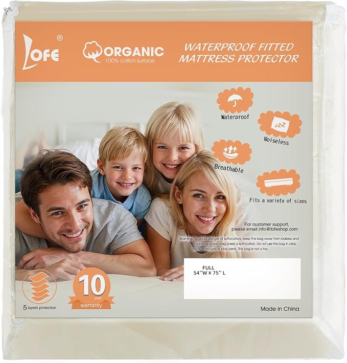 Organic Full Mattress Protector -Top&Side 100% Waterproof Protector | Organic Mattress Protectors for bed | 5-Sided Waterproof Protection | Noiseless & Breathable | Full Size 75x54x17 in