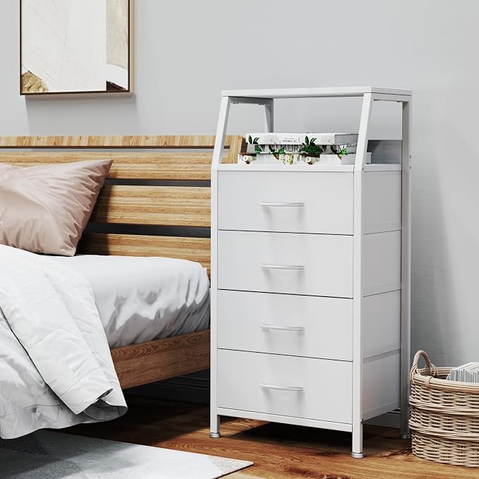 4 Drawers Small Fabric Dresser for Bedroom, Tall Dorm Nightstand | Vertical Storage Tower Closet Organizer, Skinny Narrow Bedside Table for Entryway, Steel Frame, Wooden Top