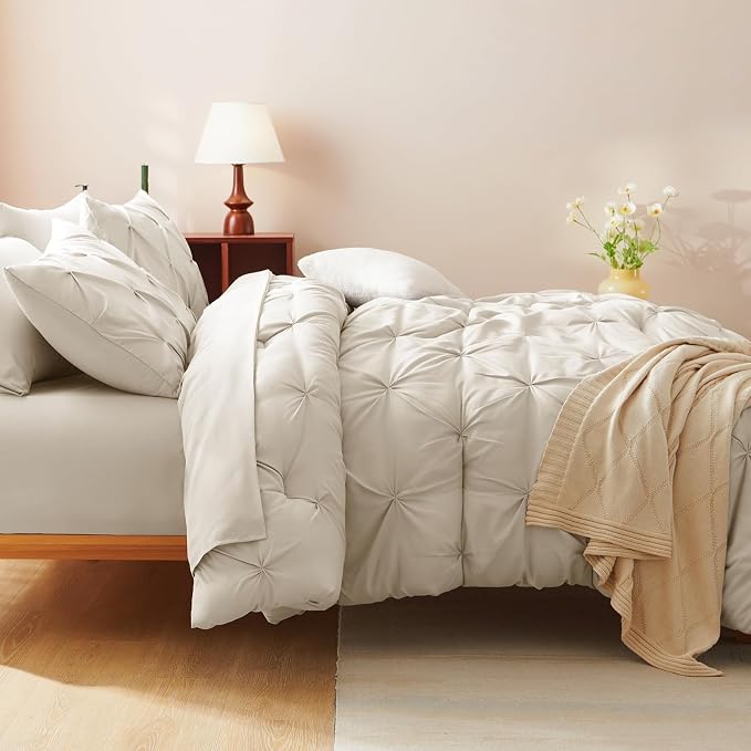 HIMEET Full Size Comforter Set Beige - 7 Pieces Pintuck Bed in a Bag | OEKO-TEX Certified, 240GSM Down Alternative Comforter, 14" Deep Pocket Fitted Sheet + Flat Sheet + 2 Pillowcases + 2 Shams