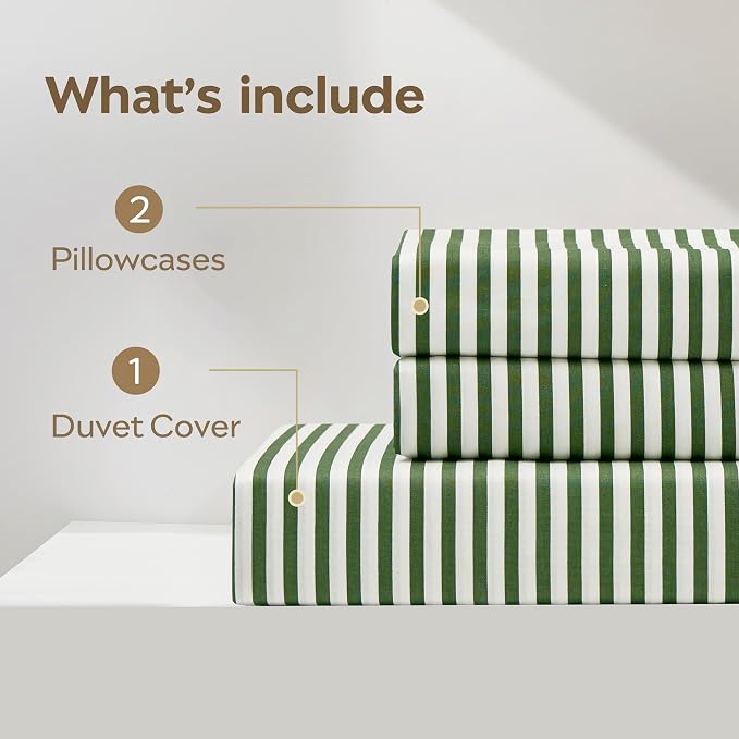 JELLYMONI 100% Cotton Classic Striped King Duvet Cover Set, Green/White | Breathable Softness, Oeko-Tex Certified, Classic Stripes, 8 Corner Ties & Double Hidden Zipper