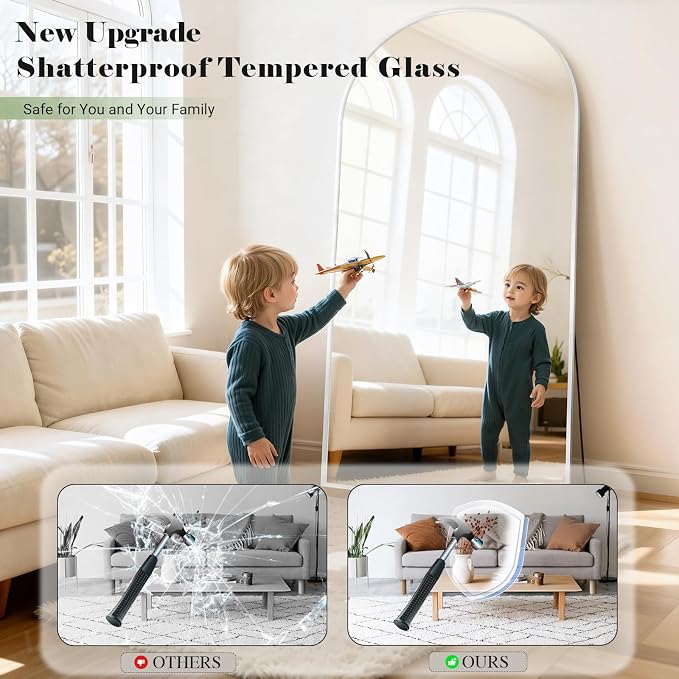 Mirror Full Length, 26"x71" Large Arched Floor Full Length Mirror with Stand, Room Decor Big Full Body Floor Mirror with HD Tempered Glass Aluminum Frame for Bedroom Living Room, White