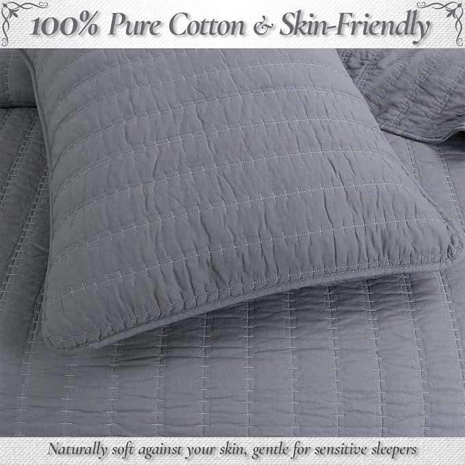 Cozy Line Home Fashions 100% Cotton 3-Piece Charcoal Gray Solid Classic Modern Quilted Bedspread with Shams, Lightweight All Season Modern Bedding (Channel Gray, Queen)