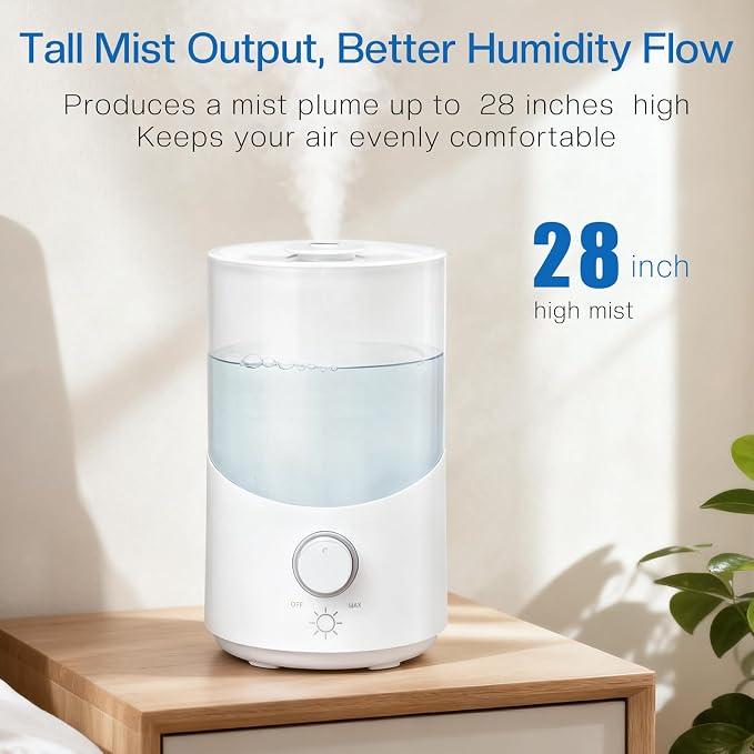 Cool Mist Humidifier for Bedroom, 3L Top Fill Ultrasonic Air Humidifier with Adjustable Knob Control, Quiet Operation, Auto Shut-Off, BPA-Free for Home, Baby, Office, Plants 3L