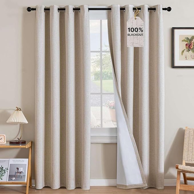 H.VERSAILTEX Linen Curtains 100% Blackout Curtains for Bedroom 108 inch Long Full Light Blocking Nature Linen Blended Window Curtains for Living Room Nickel Grommet (2 Panels, Heathered Natural)