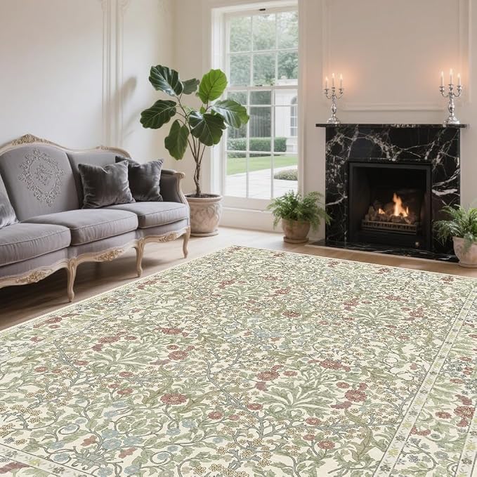 Vintage Light Green Living Room Rug, 5x7 Washable Area Rugs for Dining Room Under Table, Soft Low Pile Large Carpet Bedroom, Non-Slip Boho Floral (5 x 7 Light Green)