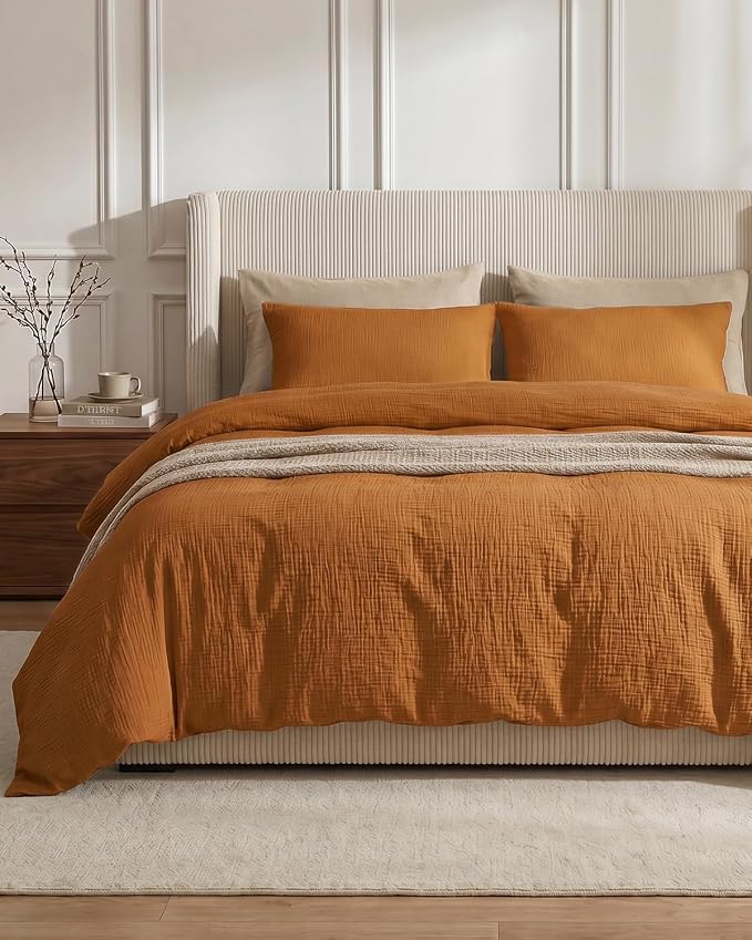 SE SOFTEXLY Muslin Duvet Cover Queen Size, 100% Washed Cotton Duvet Cover Set, Ultra Soft Comforter Cover Linen Like, 3 Pieces Minimalist Gauze Duvet Cover with 2 Pillowcases, 90"x90", Pumpkin