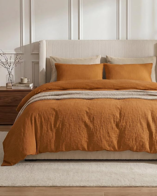 SE SOFTEXLY Muslin Duvet Cover King Size, 100% Washed Cotton Duvet Cover Set, Ultra Soft Comforter Cover Linen Like, 3 Pieces Minimalist Gauze Duvet Cover with 2 Pillowcases, 90"x104", Pumpkin
