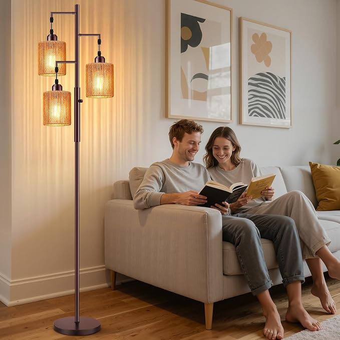 Hotsonic 72" Boho Rattan Tree Floor Lamp, Tall Dimmable Industrial Standing Lamp, Corner Decor Accent Lighting for Living Room, Bedroom, Dining Room, Nursery, Cafe (3 x 800LM Bulbs Included) - Brown