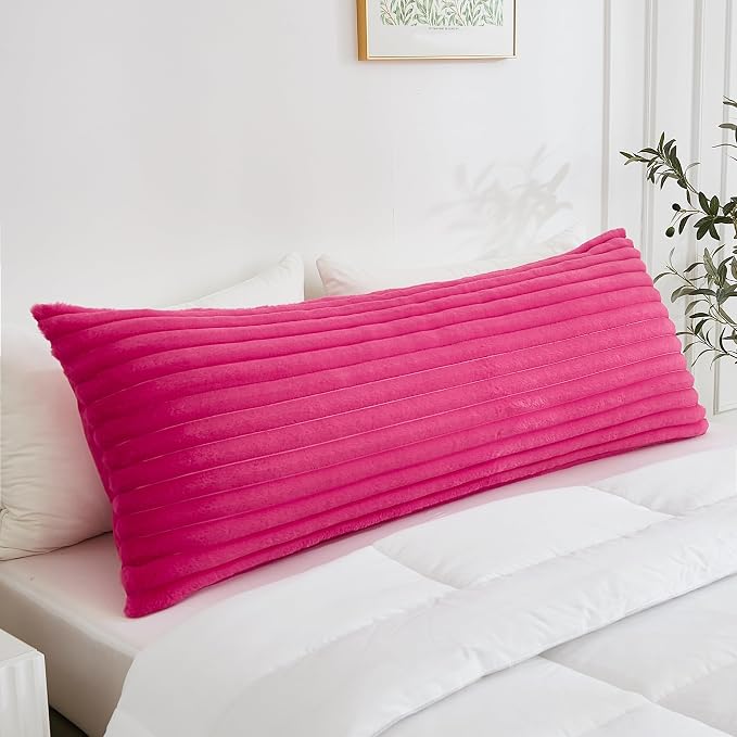 Full Body Pillow with Fluffy Stripe Faux Fur Removable Cover, Long Bed Pillow Adult 20x54 Inches for Side Sleeper and Pregnancy, Hot Pink.