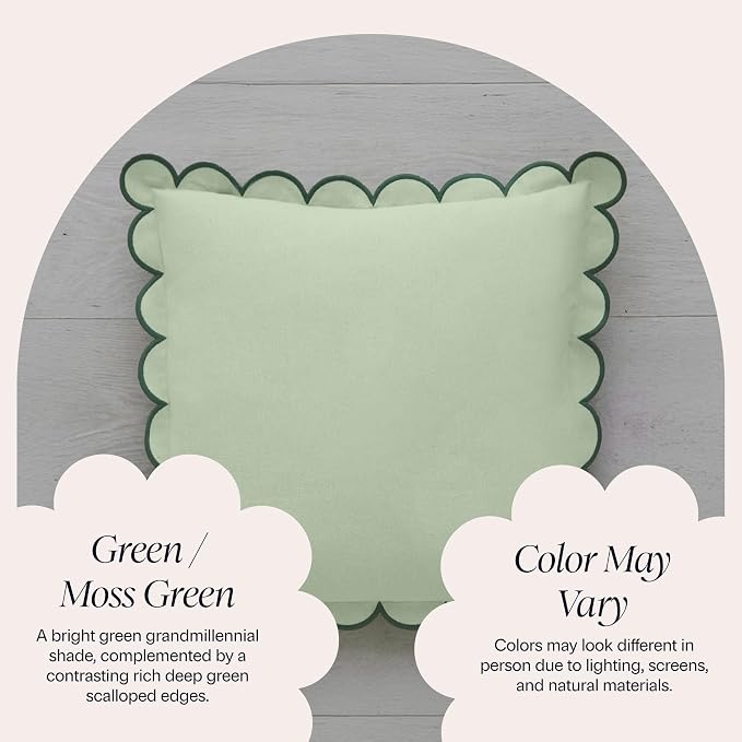 BEBE BASK Scalloped Pillow Cover Set of 2, 18x18, Cotton - Moss Green | 100% Cotton, Scallop Pillow Covers, Grandmillennial Style, 18 by 18 Inch, Easy to Care, Machine Washable, Scalloped Pillows