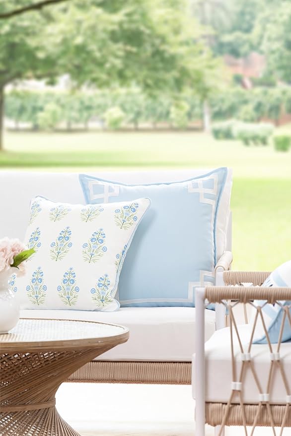 Hofdeco Premium Coastal Patio Indoor Outdoor Throw Pillow Cover Only, 18"x18" Water Repellent for Backyard, Couch, Baby Blue Green Floral with Piping (Pack of 2)