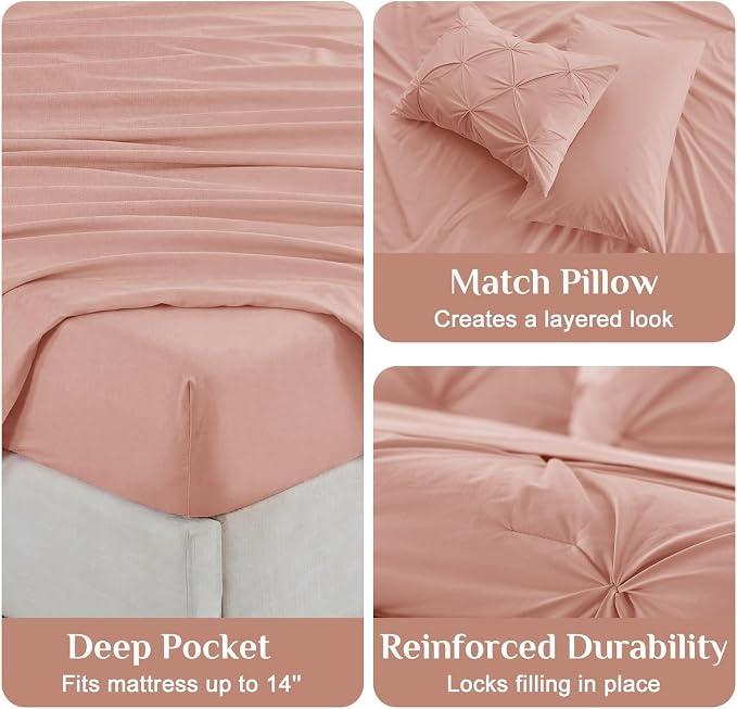 JOLLYVOGUE Twin XL Comforter Set 5 Pieces - Bed in a Bag Twin XL for All Season, Pintuck Bedding Comforter Sets with Comforter, Flat Sheet, Fitted Sheet and Pillowcases & Shams, Rose Brown