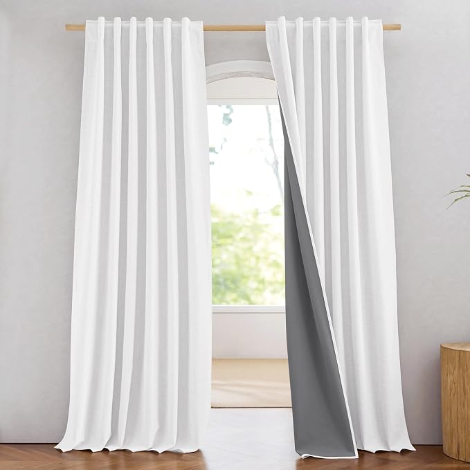 NICETOWN 100% Blackout Linen Curtains 84 inch Long 2 Panels, Greyish White | Luxurious Living Room Curtains Thermal Insulated, Noise Reducing, Privacy Daytime Sleep Drapes, W52" x L84" per Panel