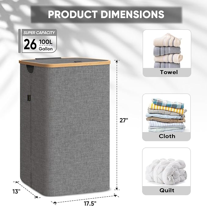 BALEINE 100L Laundry Hamper with Lid, Large Laundry Basket Bin | Large Capacity, Easy-Access Lid, Shape-Retaining Structure, Pull Handles, Ideal for Bedroom, Dorm, Laundry Room