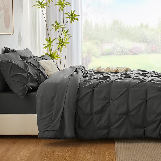 HIMEET Twin XL Comforter Set Dark Grey - 5 Pieces Pintuck Bed in a Bag | OEKO-TEX Certified, 240GSM Down Alternative Comforter, 14" Deep Pocket Fitted Sheet + Flat Sheet + 1 Pillowcase + 1 Sham