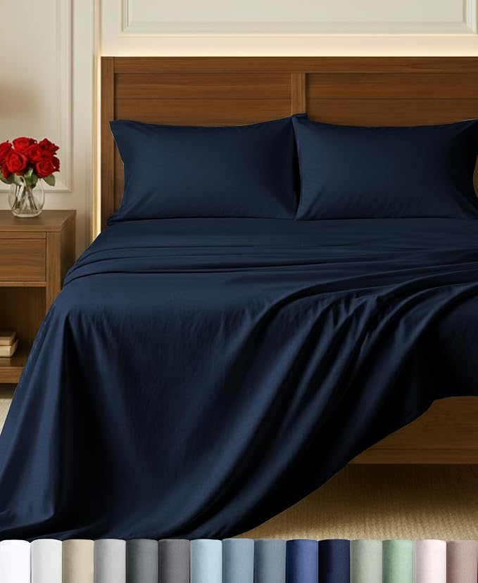 California Design Den Certified 100% Egyptian Cotton King Sheets Set | Backed by Good Housekeeping Seal, Light & Airy Soft Sateen, 16" Deep Pocket, All-Around Elastic, 4pc Set - Dark Denim Blue
