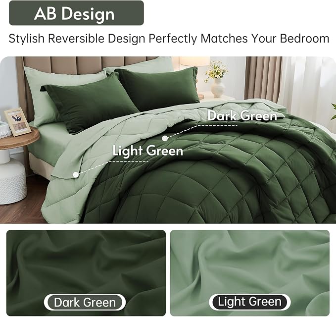 5 Pieces Twin Comforter Set, Reversible Bed in a Bag Twin Size, All Season Bedding Set with Comforter, Flat Sheet, Fitted Sheet, Pillowcases & Shams, Dark Green & Light Green
