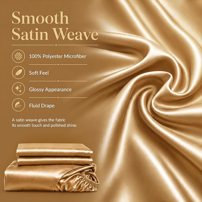 CozyLux Satin Sheets King, 4-Piece 14-Inch Deep Pocket Sheet Set | OEKO-TEX Certified Silky Soft Sheet Set for Hair & Skin, Luxurious Silky-Smooth Satin for Elegant Bedroom Decor, Gold