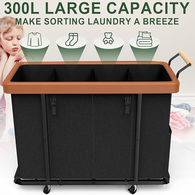 Laundry Hamper 4 Section with Lid, 300L Rolling Basket Hamper with Handle | Laundry Basket with Wheels,Organizer Storage Cart with Sturdy Metal Frame for Laundry Room Black
