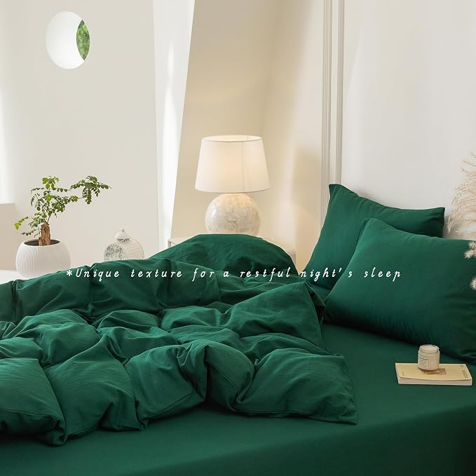 BDEAR 3Pcs Forest Green Duvet Cover Set Queen Size 90" L x 90" W, Oeko TEX | 100% Washed Cotton, 1 Duvet Cover with 2 Pillowcases, Zipper Closure, 8 Corner Ties,Linen-Liked Texture, Skin Friendly
