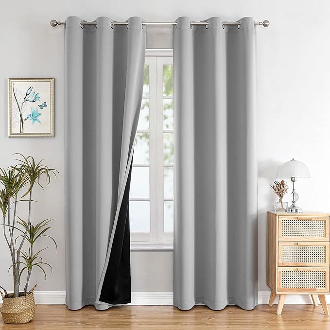 ChrisDowa 100% Blackout Curtains for Bedroom 78 Inch Long with Black Liner | 2 Thick Layers, Thermal Insulated, Grommet, Window Treatment, Living Room Drapes, 2 Panels Set, Light Grey, 42 x 78 Inch
