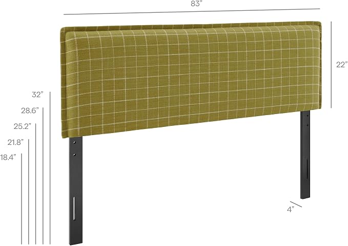 Modway Camille King Size Checkered Linen Blend Plaid Headboard with Removable Slipcover – in Artichoke Windowpane Check - Padded Pillow Style Headboard with Adjustable Mounting for King Beds