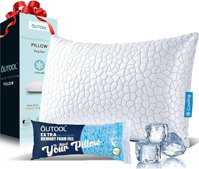 QUTOOL Cooling Pillow for Sleeping, CertiPUR-US Shredded Memory Foam King Pillow Set of 1, Cool Pillow for Hot Sleepers Adjustable Firm Pillow for Side, Back, Stomach Sleepers Soft Yet Support, White